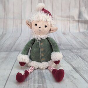 Jellycat London Christmas Elf Plush Doll Green Red Striped Legs – 12”